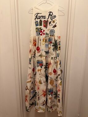FARM Rio White Multicolor Beach-Print Tiered Maxi Dress